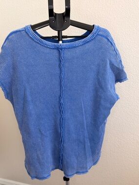 Umgee Light Blue Waffle Knit Short Sleeve Top